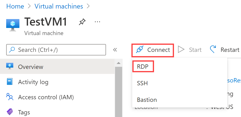 TestVM1 with Connect and RDP highlighted.