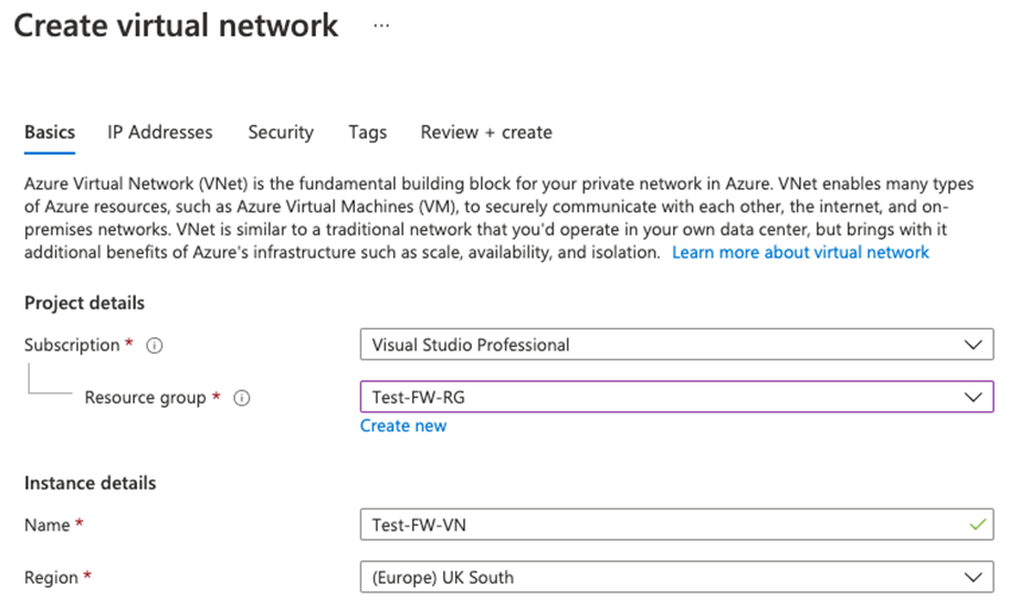 Create a virtual network - Basics tab