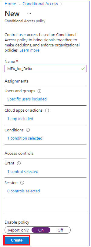 Screen image displaying the Conditional Access blade with New policy highlighted