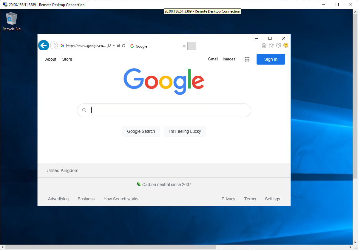 RDP session on Srv-work server - browser on google.com
